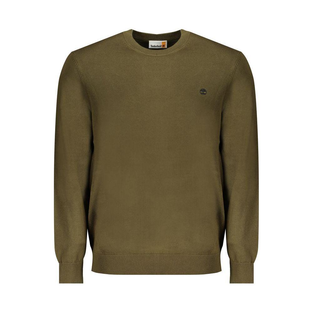 Timberland green cotton sweater, long-sleeved crew neck with logo, made from 100% organic cotton.
