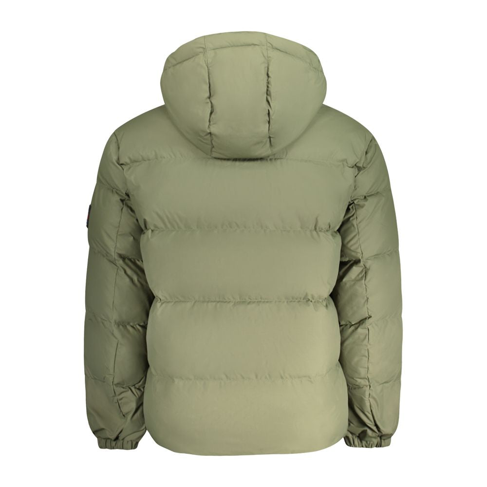 Back view of a green Tommy Hilfiger men's jacket with a detachable hood, showcasing its quilted design and padded insulation.