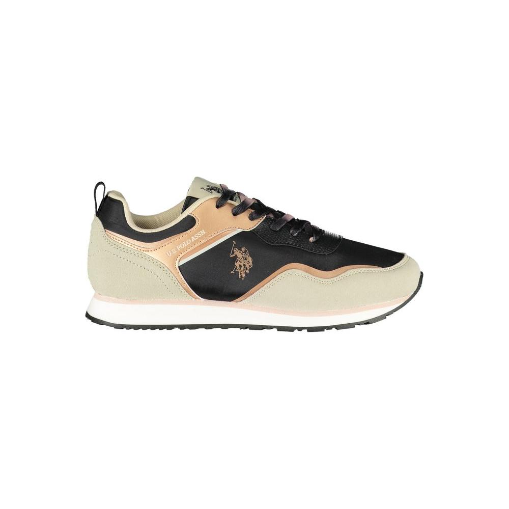 U.S. POLO ASSN. black polyester sneaker with contrast laces, logo, and print design on the side, ideal sports footwear
