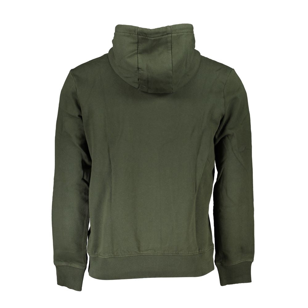 Back view of Napapijri green cotton men's hooded sweater with long sleeves and soft fleece material.
