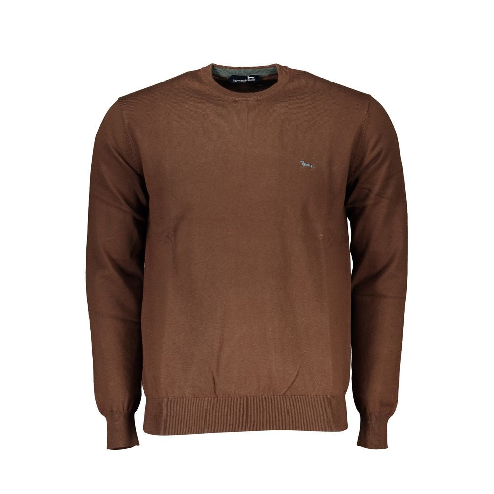 Harmont & Blaine brown crew neck embroidered sweater, long-sleeved, 60% cotton, elegant wardrobe staple with logo embroidery.