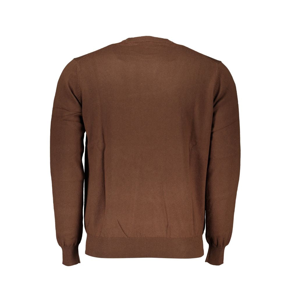 Back view of Harmont & Blaine brown crew neck sweater, showcasing elegant design, long sleeves, and luxurious cotton fabric blend.