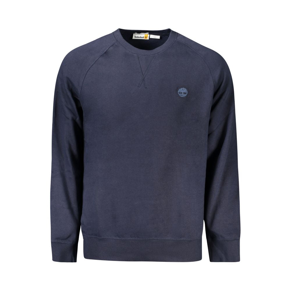 Timberland blue cotton men's sweater with long sleeves and embroidered logo, perfect for stylish comfort. Crew neck, regular fit.