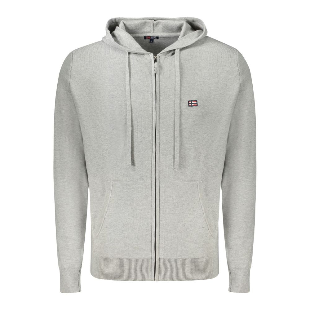 Norway 1963 gray polyamide men's cardigan with hood, featuring subtle embroidery, logo, central pockets, and zip closure.