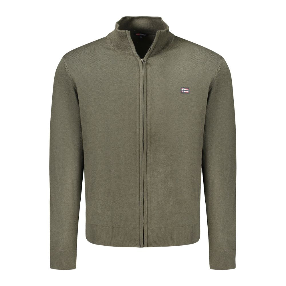 Green polyamide men's cardigan with zip-front, featuring embroidery and logo, blending traditional elegance with modern style.