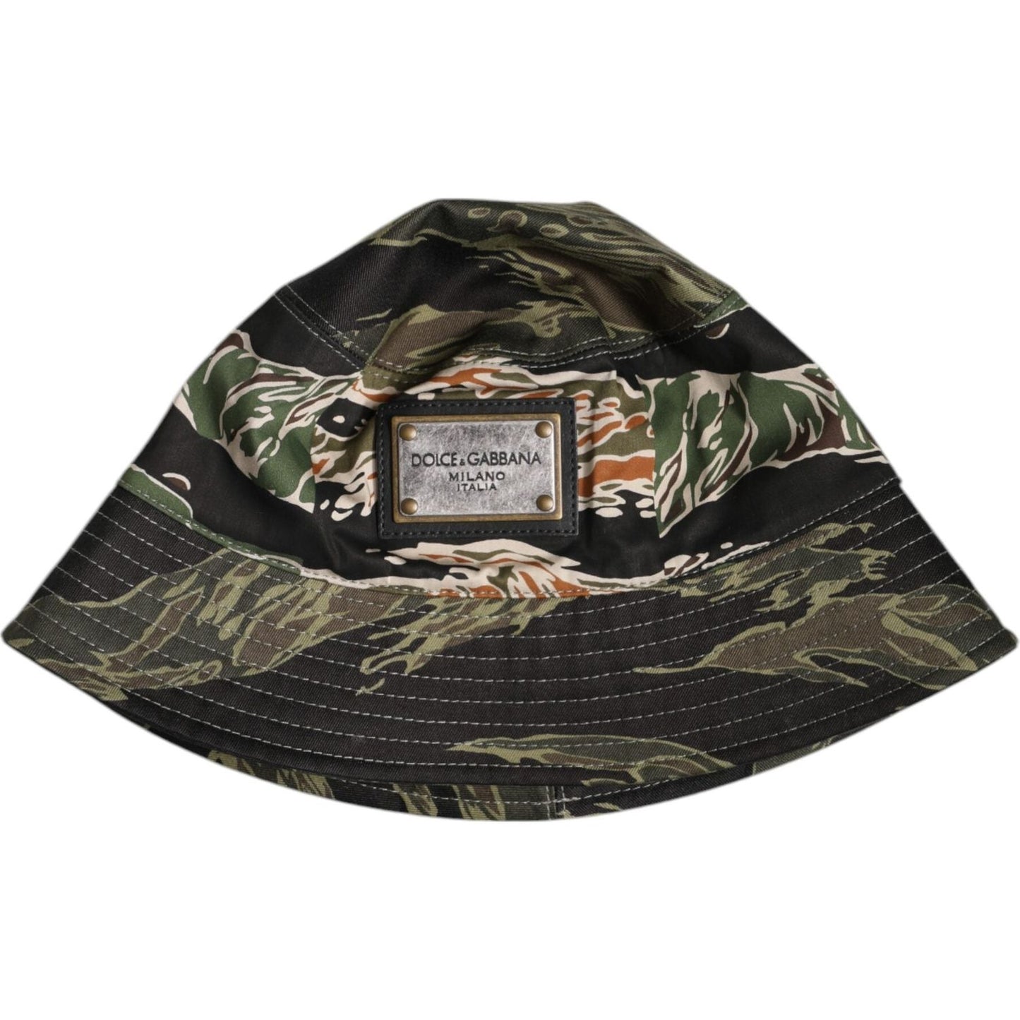 Dolce & Gabbana multicolor bucket hat with logo plaque, brown camouflage, cotton blend, made in Italy.