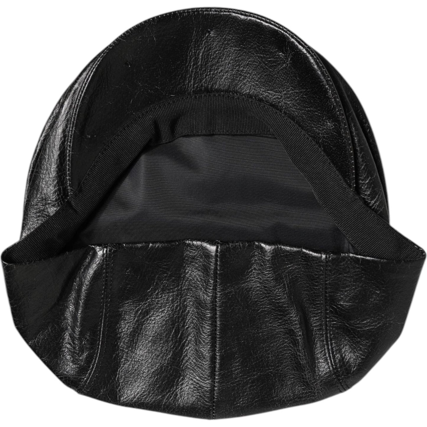 Dolce & Gabbana black calfskin newsboy cap, made in Italy, featuring luxurious 100% rayon lining. Fashion accessory for men.