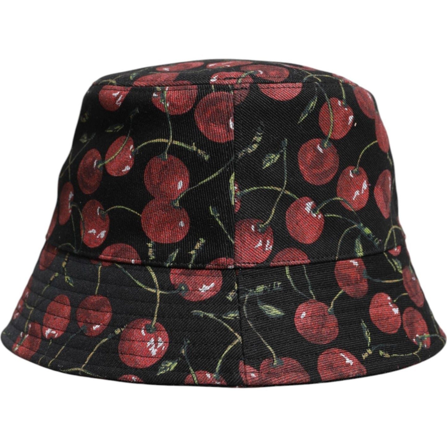 Dolce & Gabbana black cotton printed wide brim bucket hat with cherry design, made in Italy.