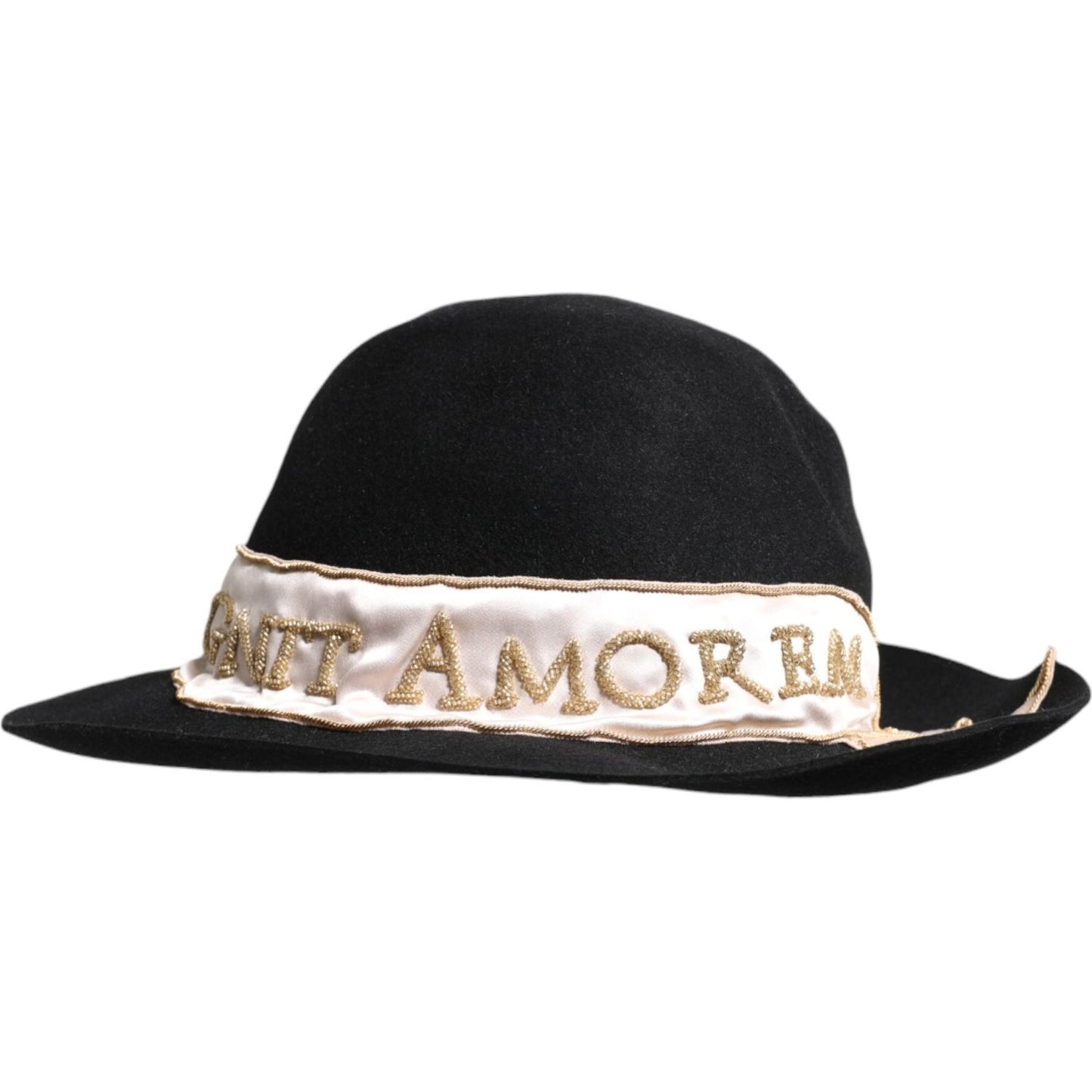 Dolce & Gabbana black wide brim hat with sequin logo embroidery, made of rabbit, viscose, and cotton, featuring Italian craftsmanship.