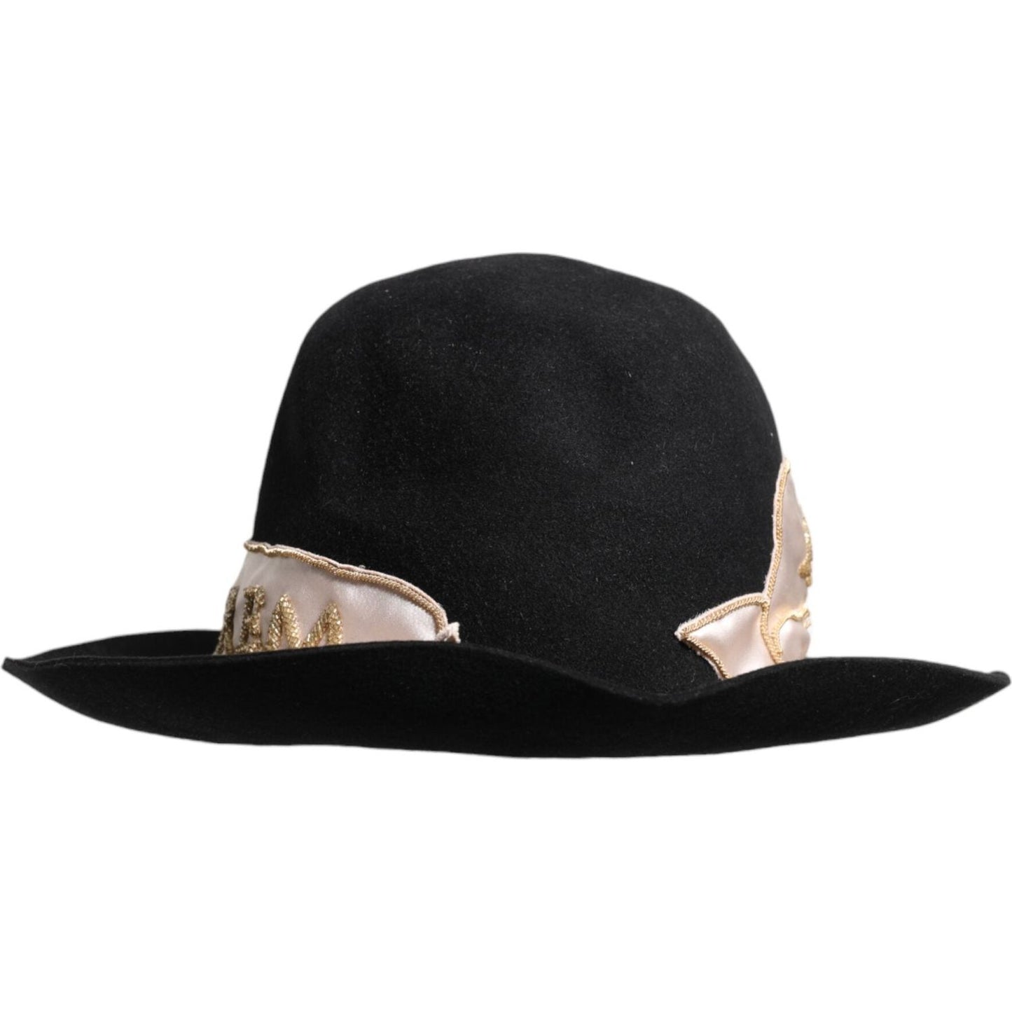Dolce & Gabbana black wide brim hat with logo sequin embroidery, made from rabbit, viscose, and cotton.