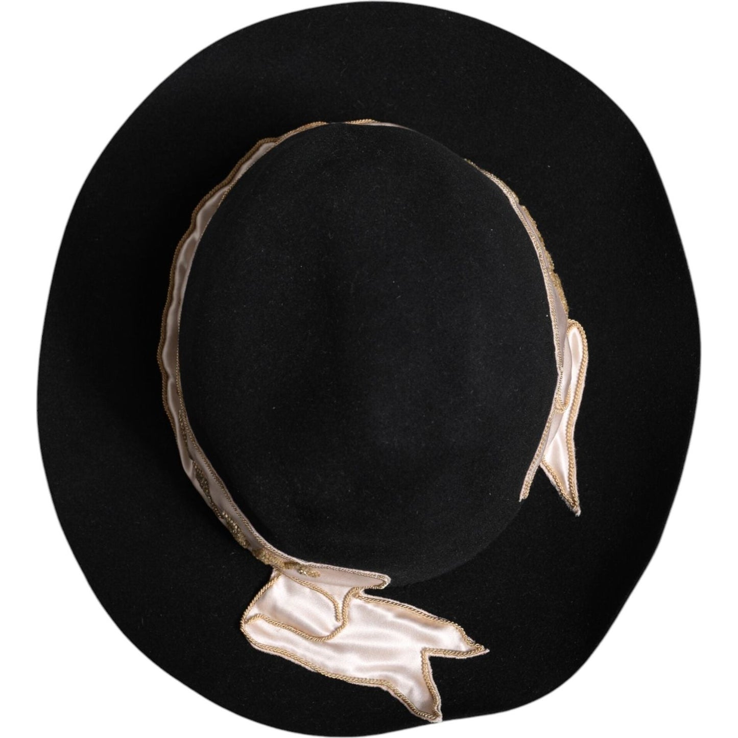 Dolce & Gabbana black wide brim hat with sequin embroidery and logo detail, made from rabbit, viscose, and cotton, featuring silk trim.