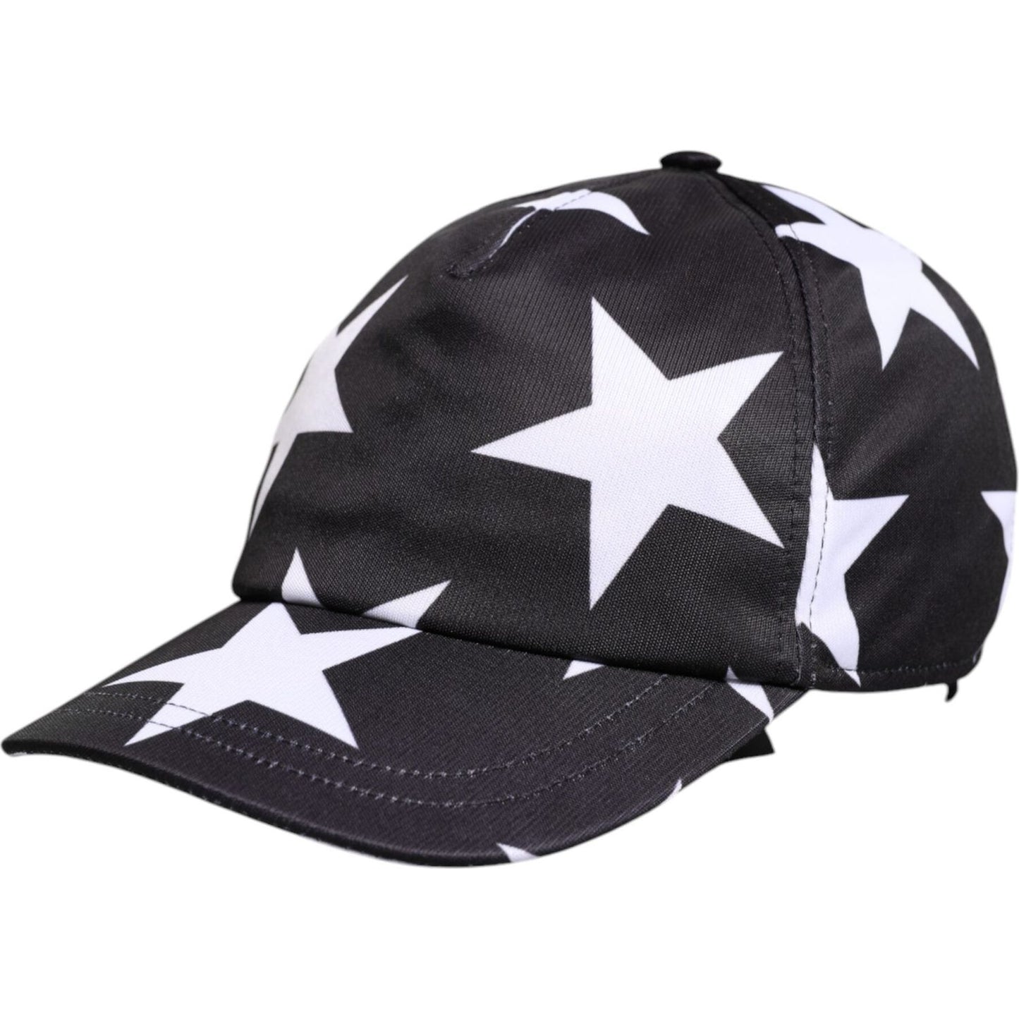 Dolce & Gabbana black baseball cap with white star print, made of 100% polyester. Stylish and authentic accessory for women.