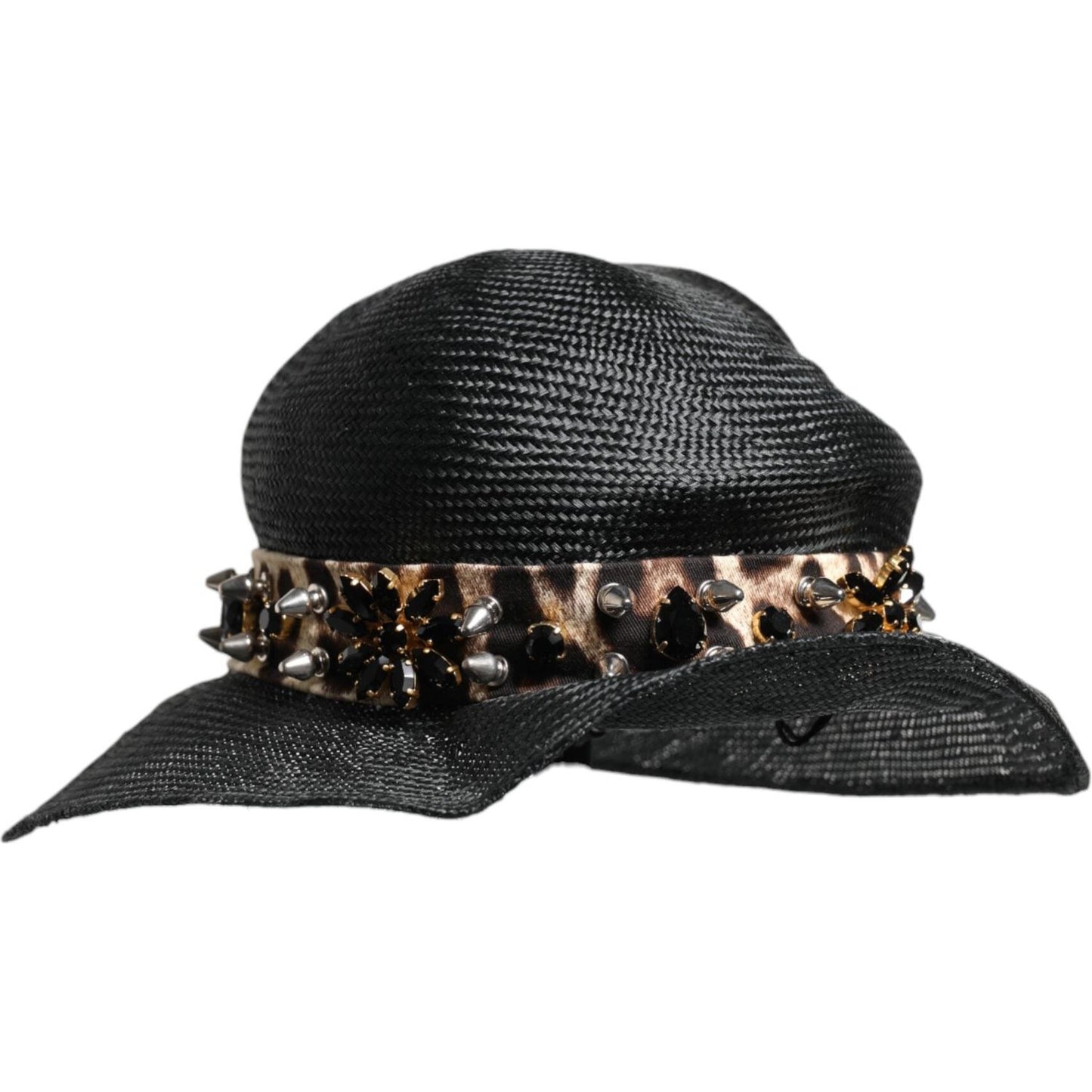 Dolce & Gabbana black wide brim hat with crystal embellishments and studs, made from straw, cotton, and elastane, Italian design.
