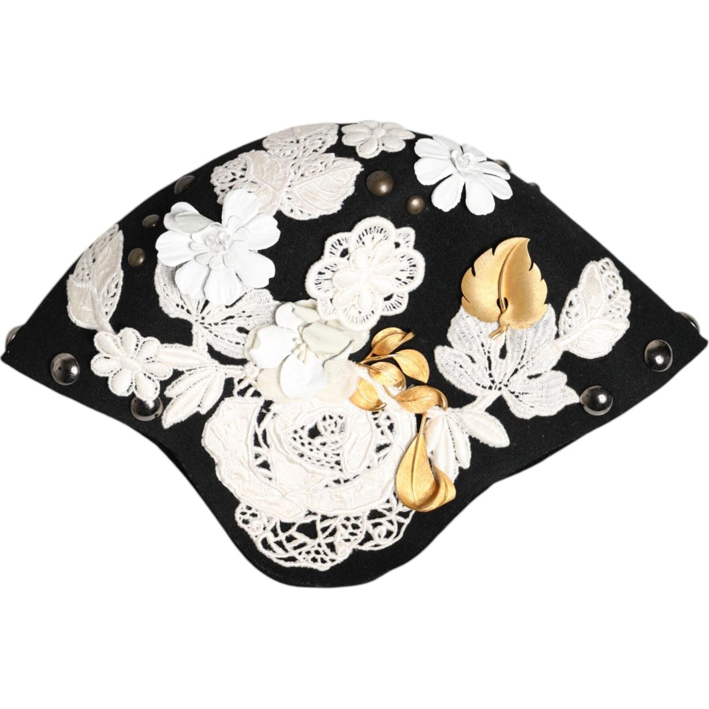 Dolce & Gabbana black wool cloche hat with white floral design and gold leaf, Sicily-inspired luxury fashion, made in Italy.