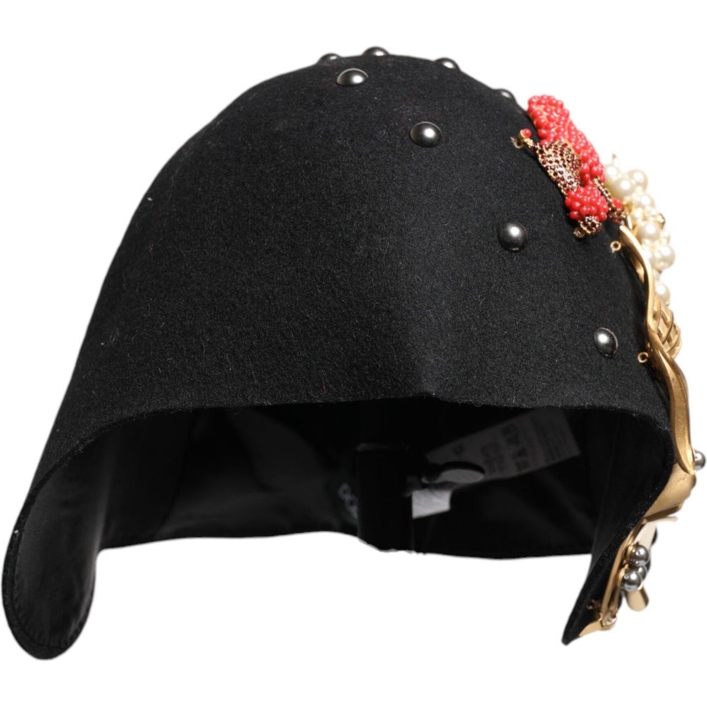 Dolce & Gabbana black wool cloche hat with multicolor crystal, pearl embellishments, and metal details. Made in Italy.