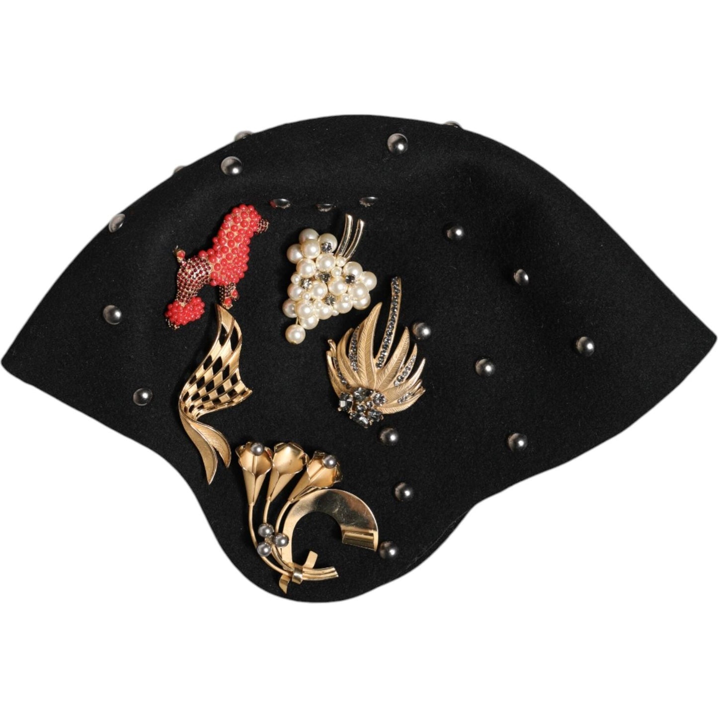 Dolce & Gabbana black wool cloche hat with multicolor crystal, pearl, and metal embellishments, exclusive women's accessory, made in Italy.