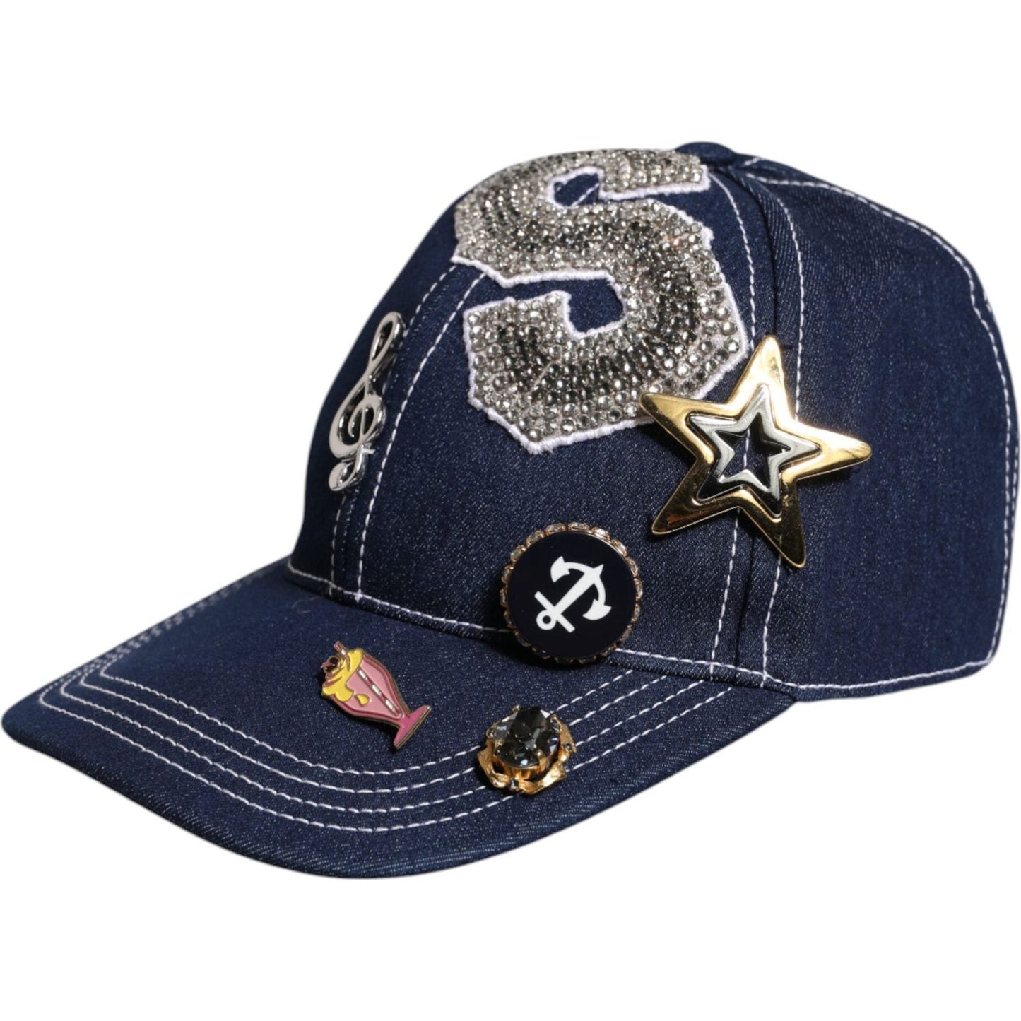 Dolce & Gabbana blue baseball cap with crystal embellishments and logo details, made of cotton blend, luxury fashion accessory.
