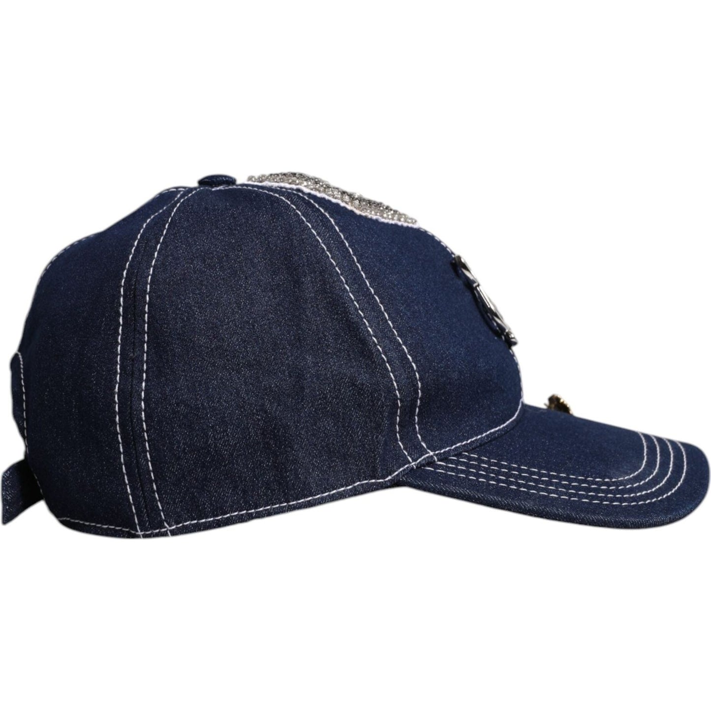 Dolce & Gabbana blue baseball cap with crystal embellishments on the side, made of cotton, polyester, and elastane. Made in Italy.