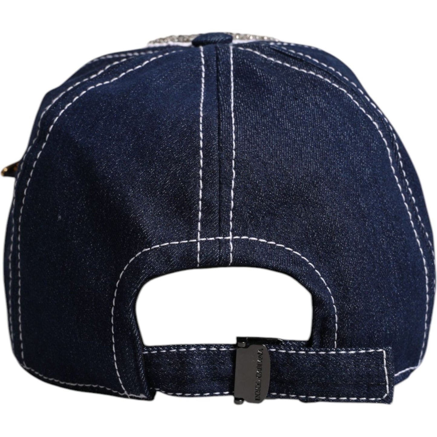 Back view of Dolce & Gabbana blue baseball cap with crystal embellishments, showing adjustable strap and logo detail. Made in Italy.