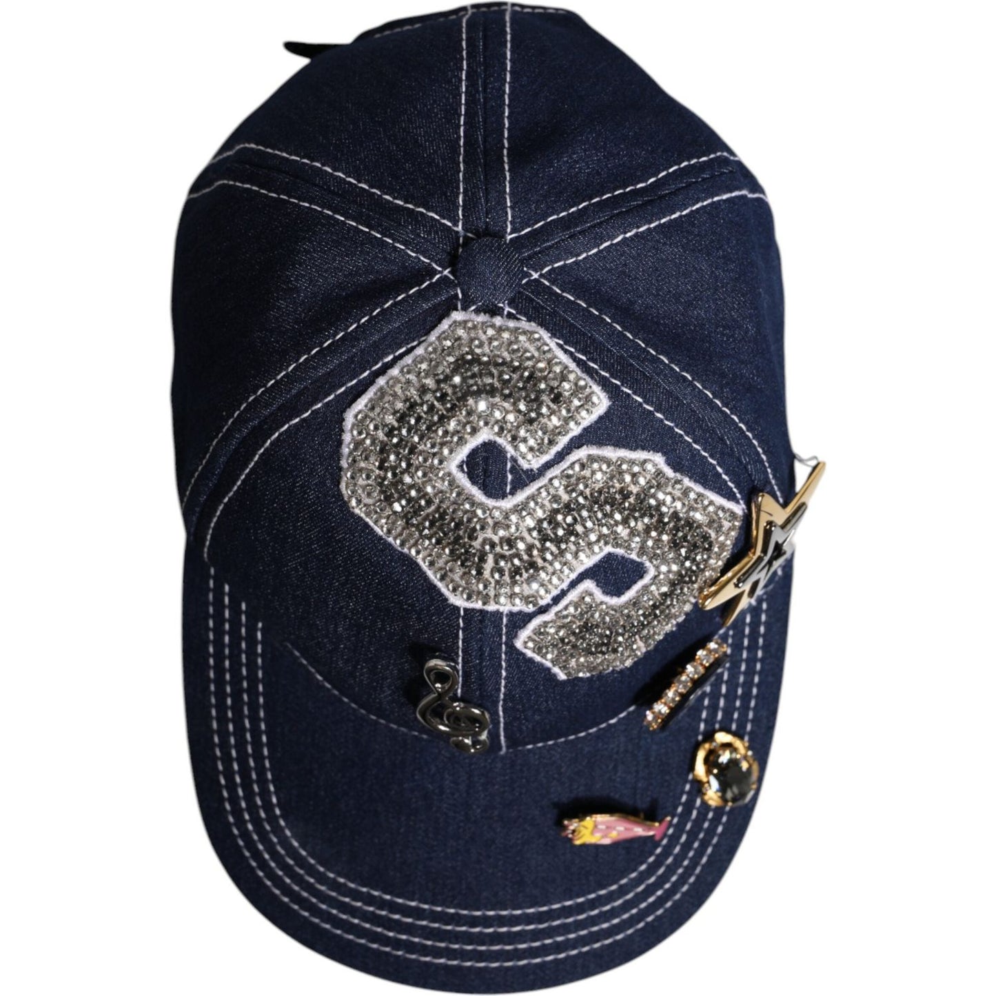 Dolce & Gabbana blue baseball cap with crystal embellishments, featuring logo details, made of cotton blend material.