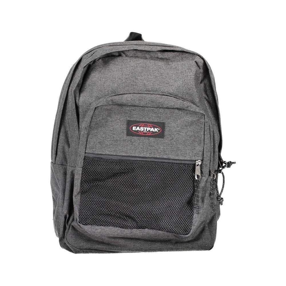 Eastpak gray polyamide backpack with two compartments, external zip pocket, padded back, and adjustable straps.
