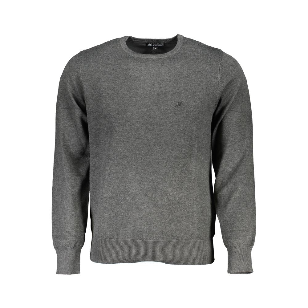 U.S. Grand Polo gray nylon sweater with overlong sleeves, crew neck, contrast details, and embroidery logo.