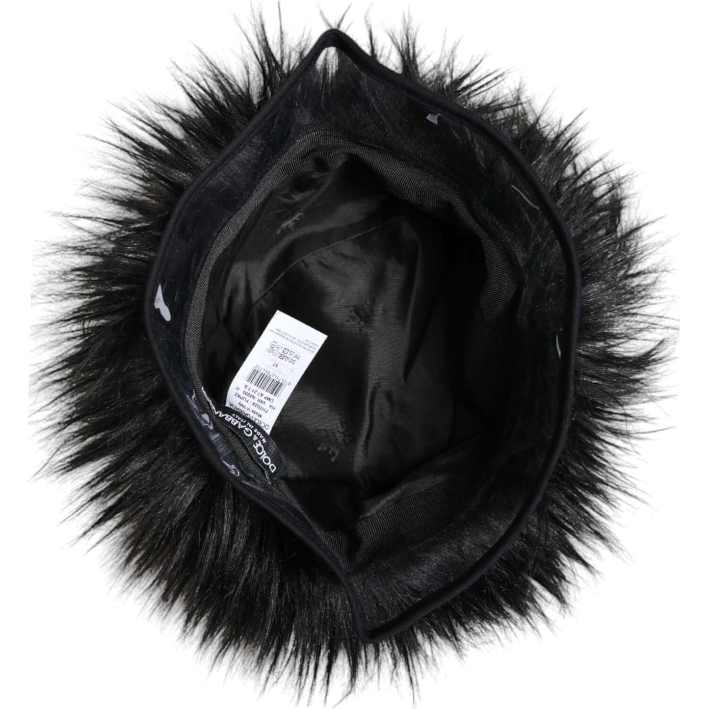 Dolce & Gabbana black faux fur bucket hat interior view with label and logo details, luxury fashion accessory for women, made in Italy
