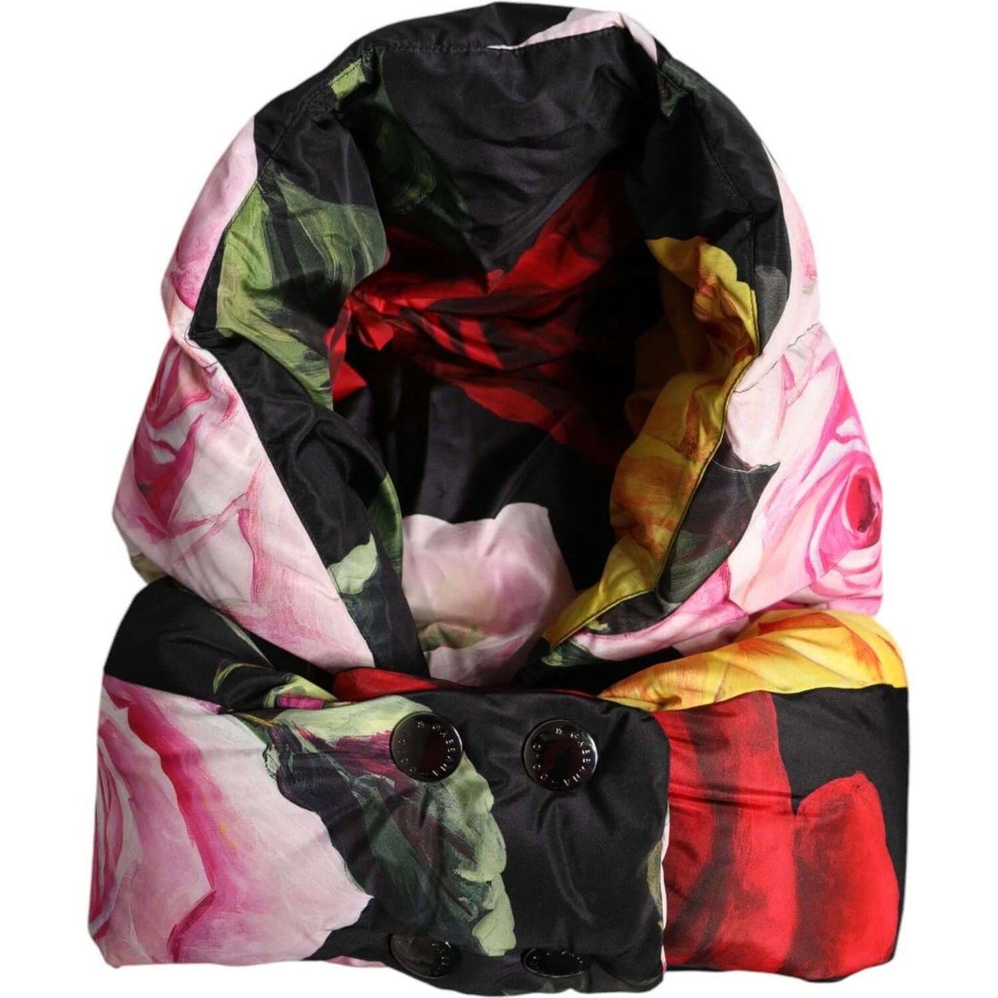 Dolce & Gabbana black floral print head wrap hat, 100% polyester, Italian made, elegant women's accessory with logo details.