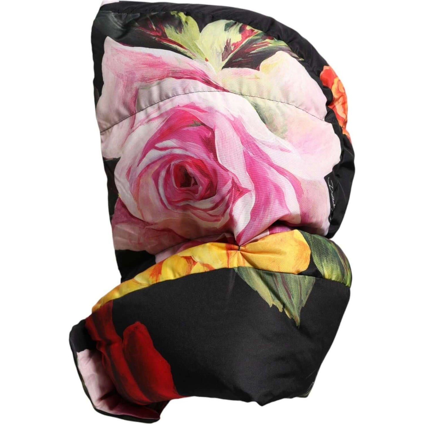 Dolce & Gabbana black floral print head wrap hat, 100% polyester, with pink and yellow roses, made in Italy. Fashion accessory.