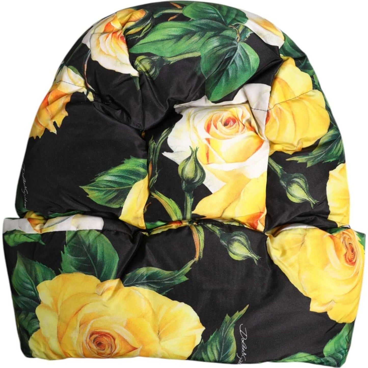 Dolce & Gabbana black floral print head wrap hat with yellow roses, 100% polyester, made in Italy, luxurious women's fashion accessory.