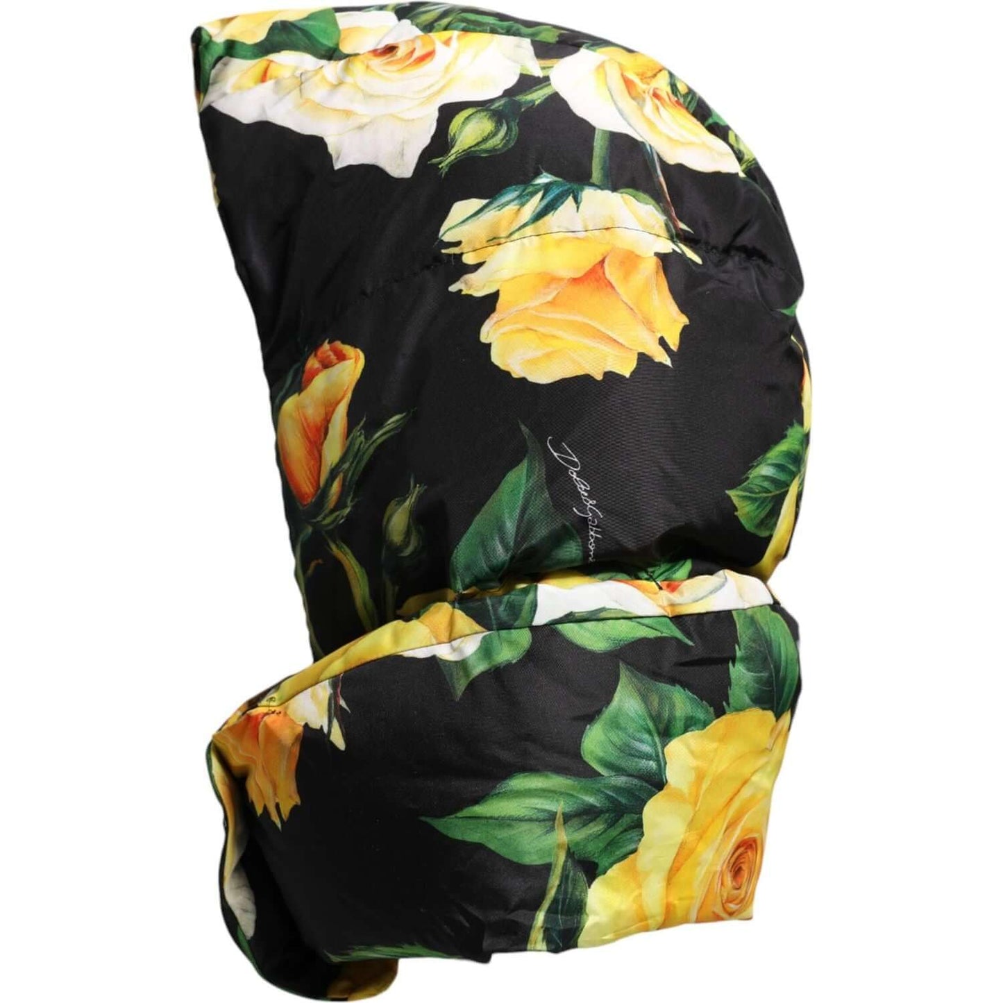 Dolce & Gabbana black floral print head wrap hat, 100% polyester, luxury women's fashion accessory with logo detail, made in Italy.