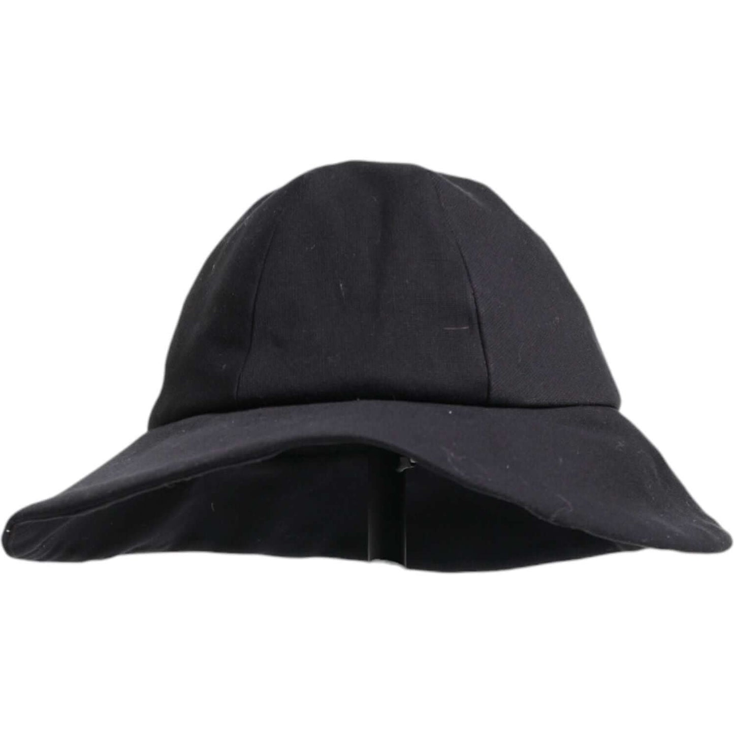 Dolce & Gabbana black cotton wide brim bucket hat with silk lining and logo details, made in Italy, shown against white background.