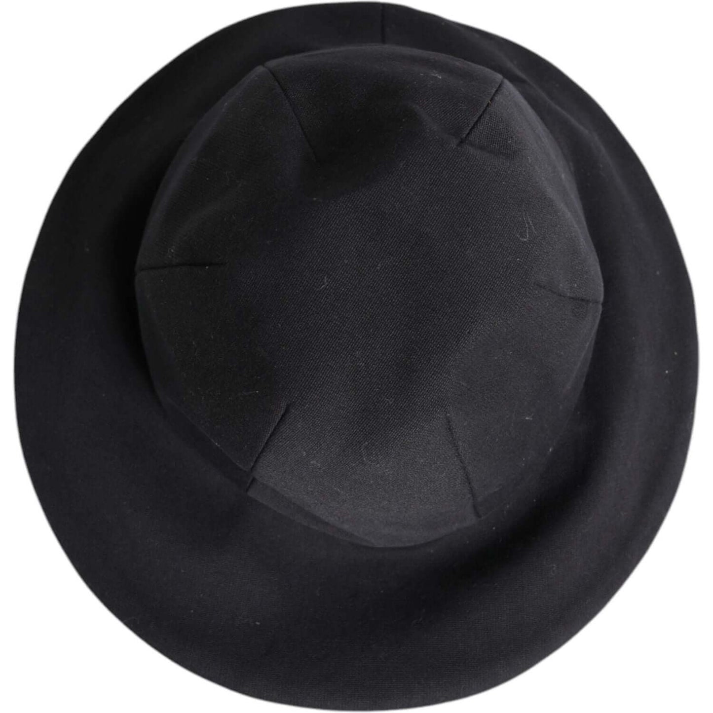Dolce & Gabbana black cotton wide brim bucket hat with silk lining, featuring logo details. Made in Italy. Top view of the hat.