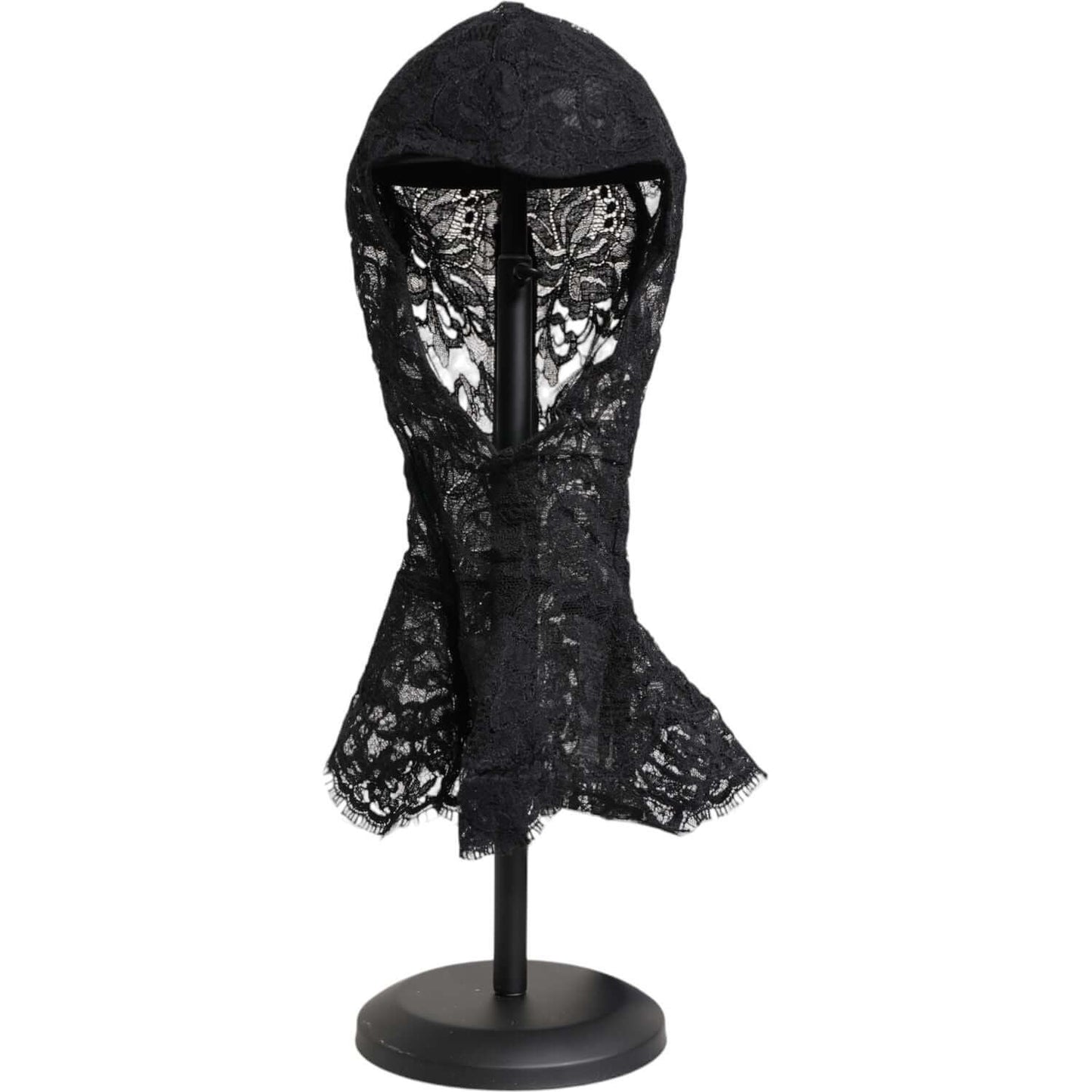 Dolce & Gabbana black floral lace head wrap hat, 94% nylon, 6% silk, made in Italy, displayed on stand, luxury women's fashion.
