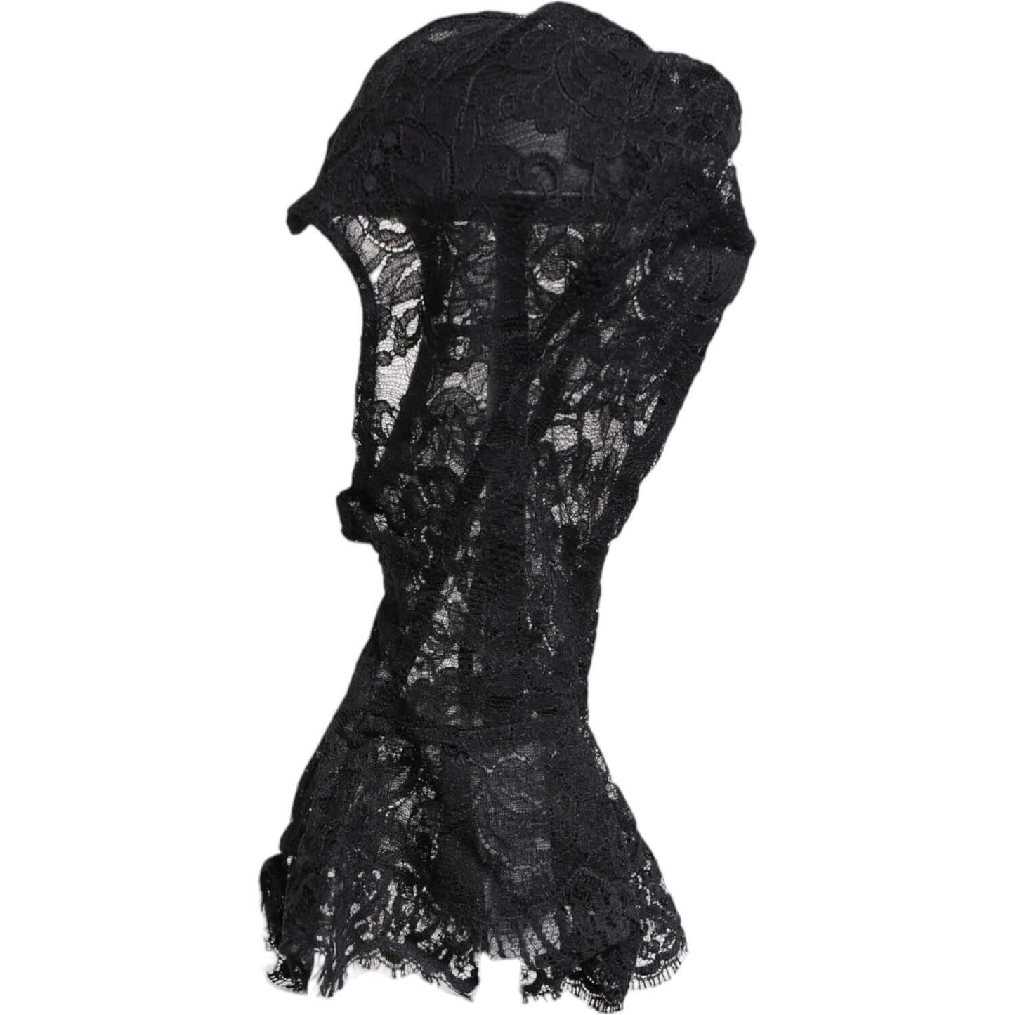 Dolce & Gabbana black floral lace whole head wrap hat, balaclava style, with logo detail, made in Italy, 94% nylon and 6% silk.