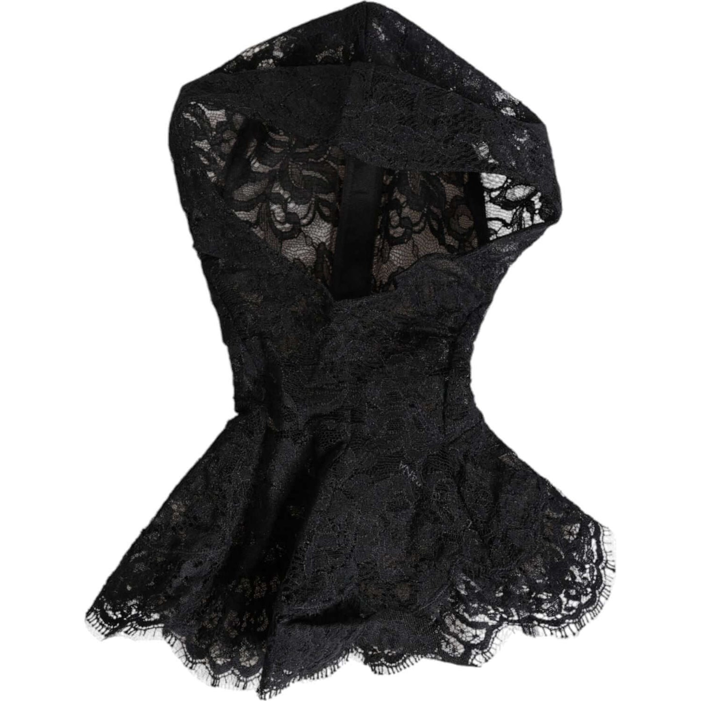 Dolce & Gabbana black floral lace balaclava head wrap hat, made in Italy, featuring nylon and silk materials.