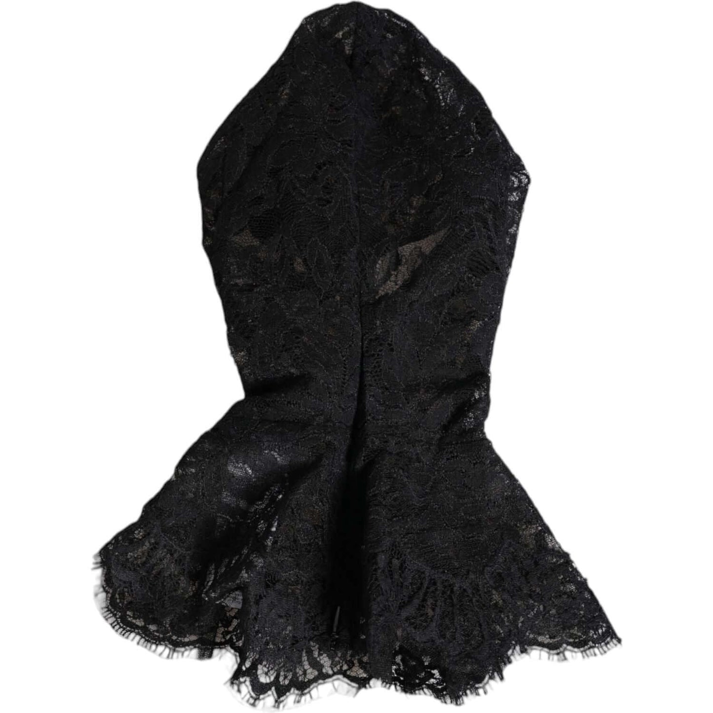 Dolce & Gabbana black floral lace whole head wrap hat made of nylon and silk. Italian made fashion accessory. Luxurious and elegant design.