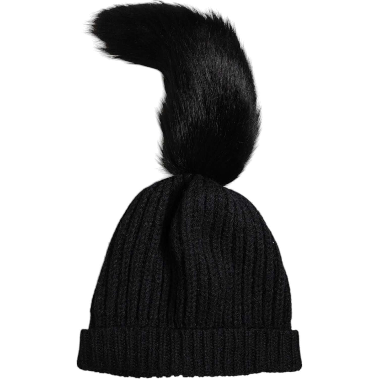 Dolce & Gabbana black acrylic fur pom-pom winter beanie hat, 45% acrylic, wool blend, luxury fashion accessory, made in Italy.