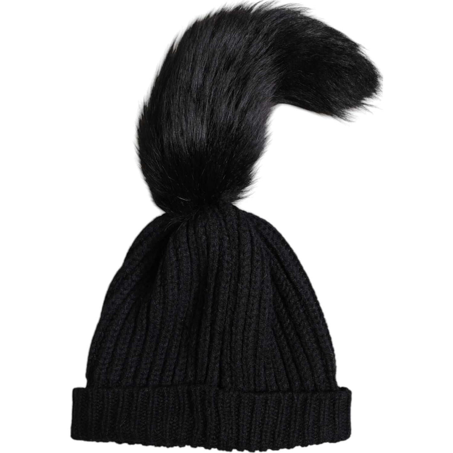 Dolce & Gabbana black knitted fur winter beanie hat made of acrylic, alpaca, and wool with logo details, made in Italy.