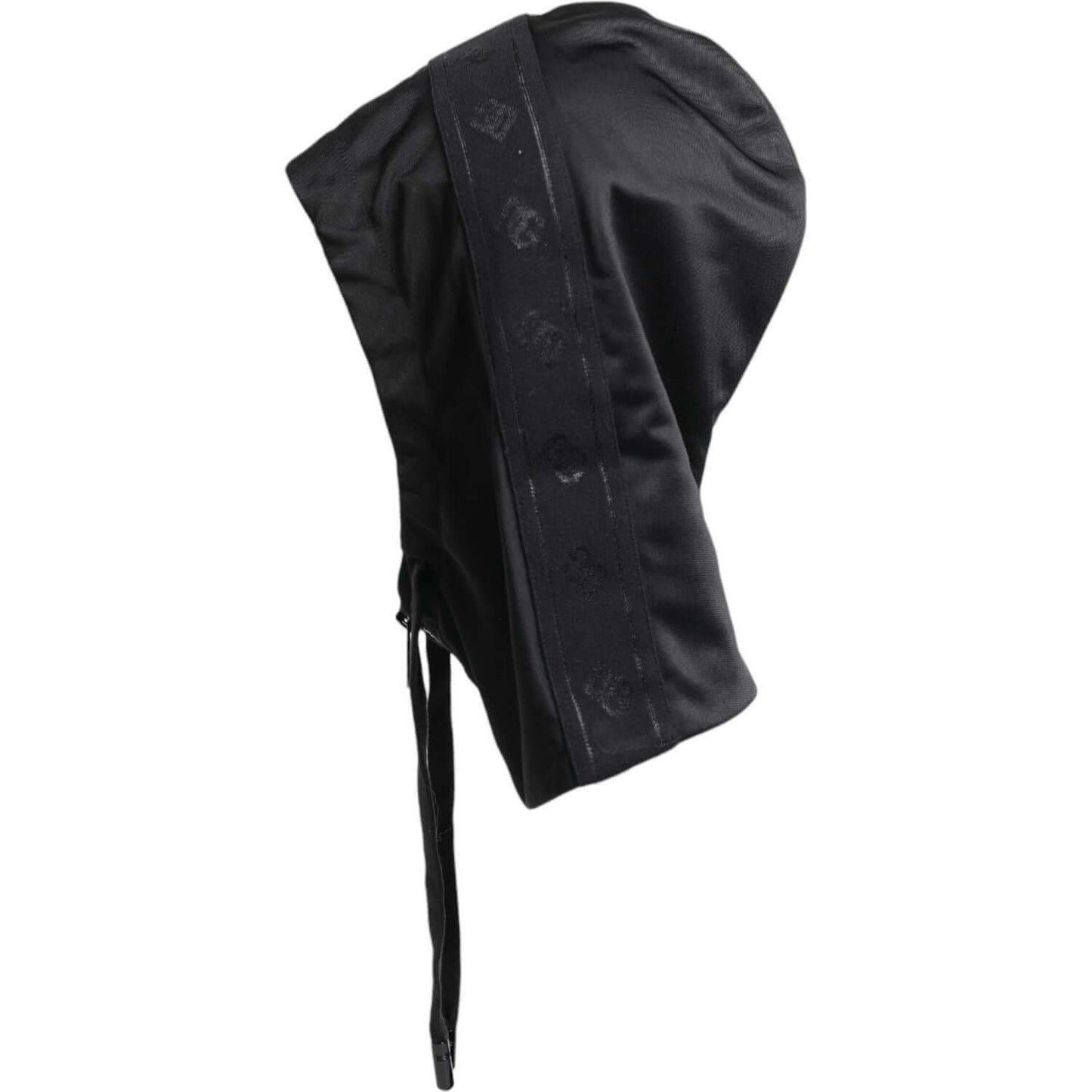 Dolce & Gabbana black polyester head wrap hat with logo details, made in Italy, featuring sleek design and stylish look.