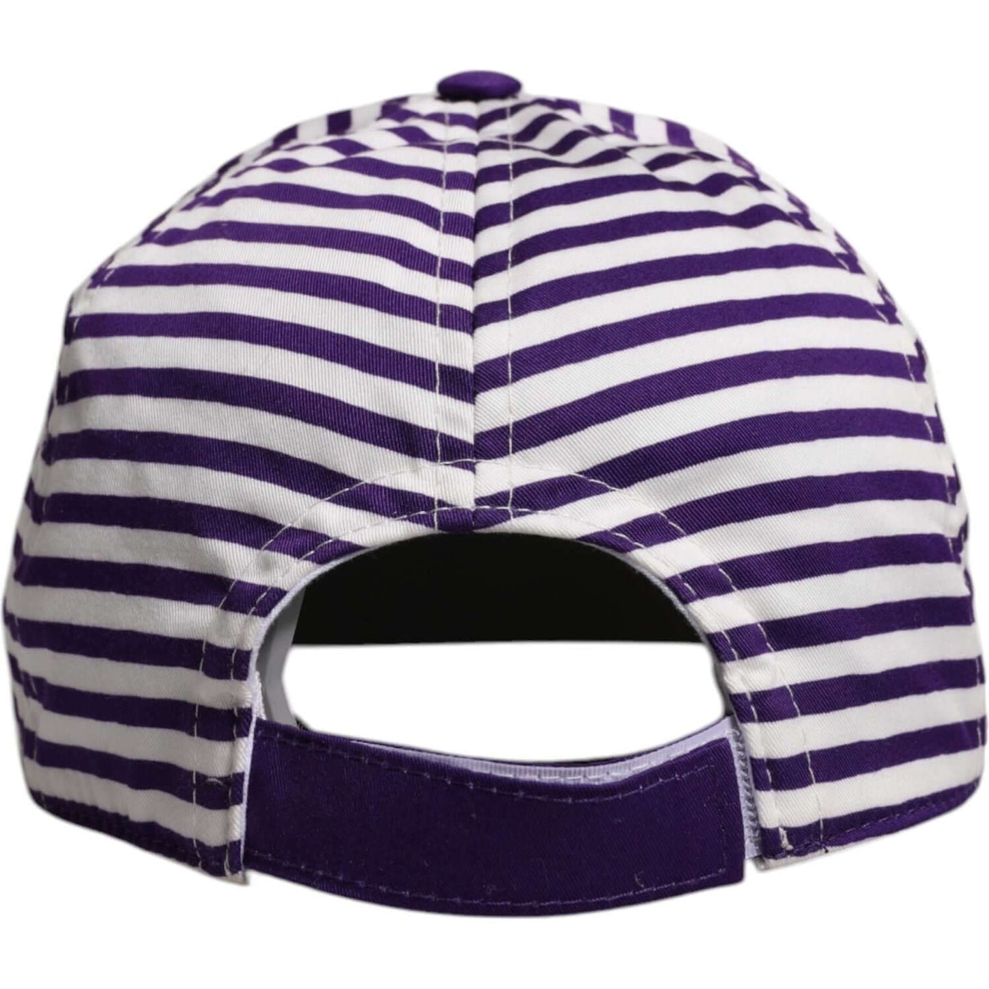 Back view of Dolce & Gabbana white and purple striped cotton women's baseball cap with logo detail, made in Italy.