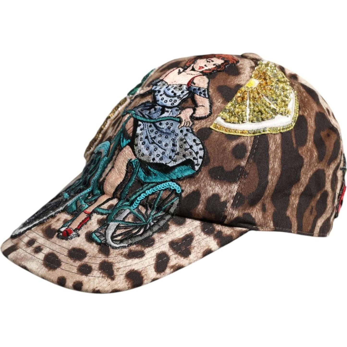Dolce & Gabbana brown leopard print baseball cap with sequins, silk, and brass appliqués, featuring embroidered design.