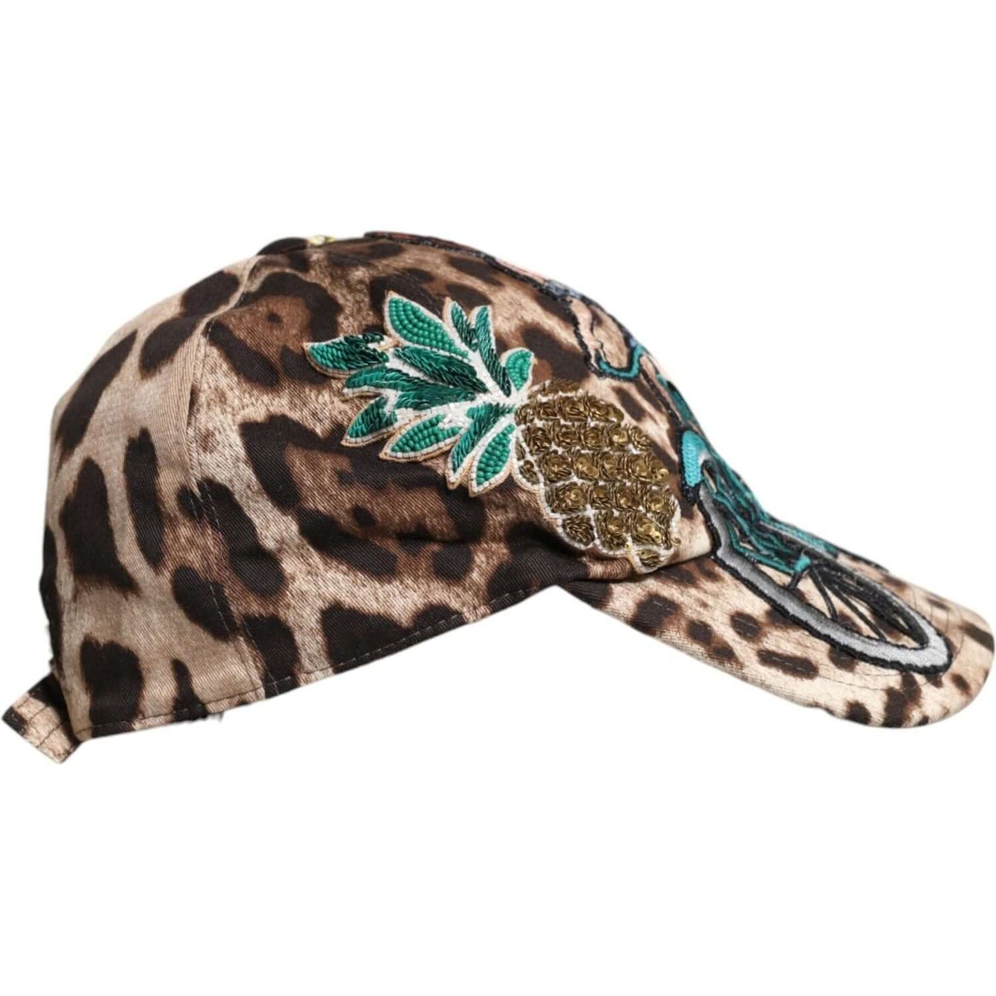 Dolce & Gabbana brown leopard print baseball cap with sequins and silk, featuring embroidered pineapple design, side view.