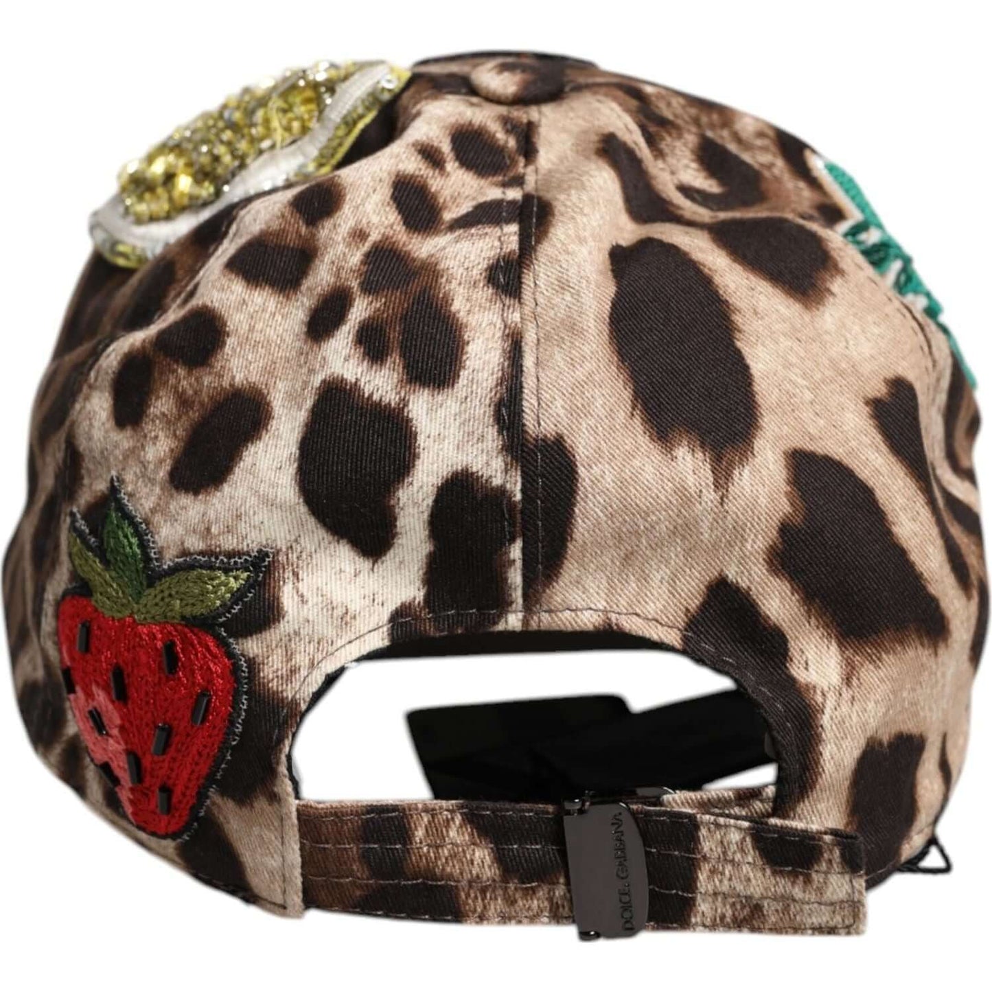 Dolce & Gabbana brown leopard sequin baseball cap with strawberry applique, adjustable strap, luxury women's fashion.