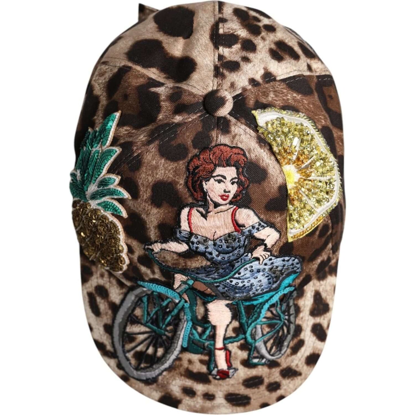 Dolce & Gabbana brown leopard sequin baseball cap with woman on bike applique, pineapple, and lemon motif.