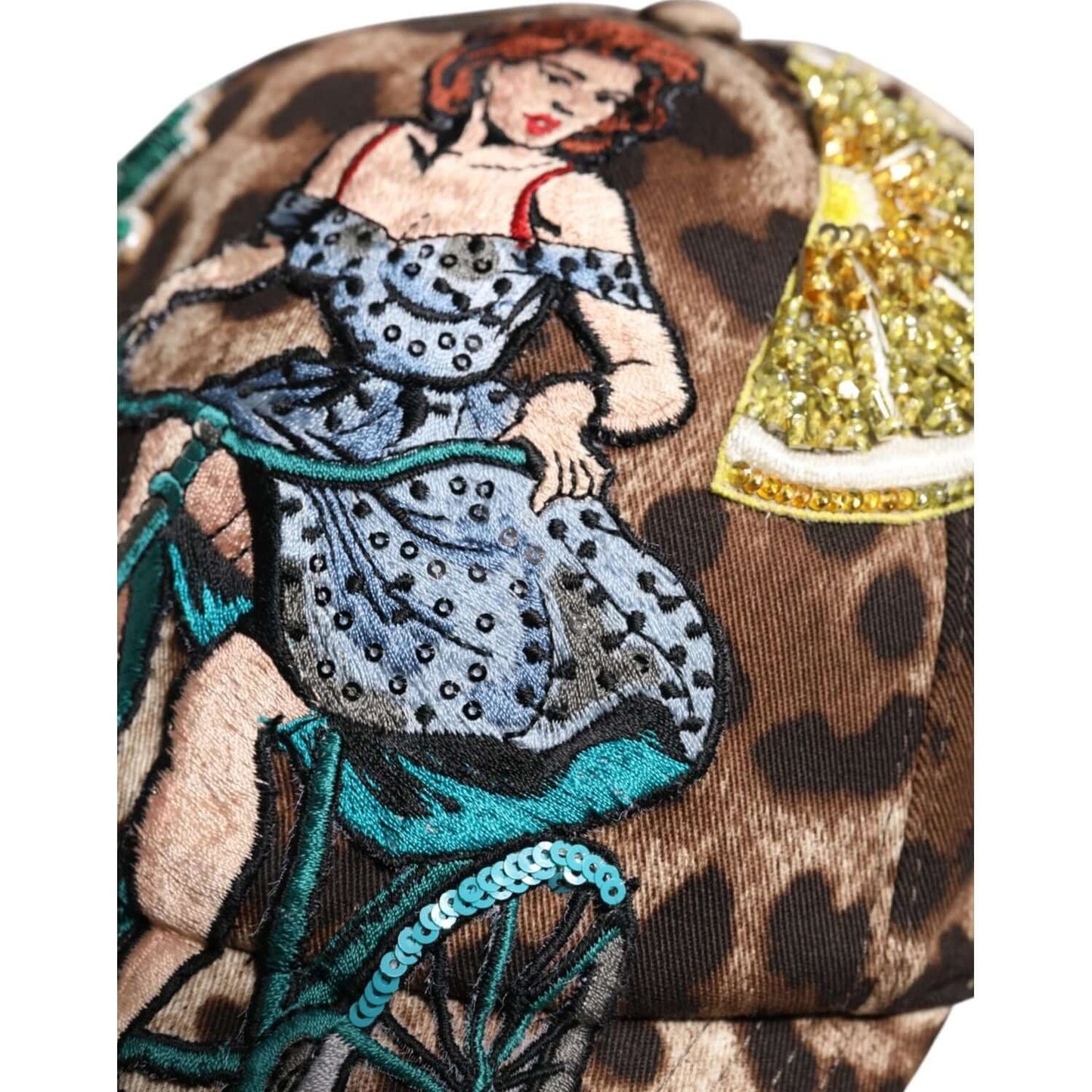 Dolce & Gabbana leopard print baseball cap with sequined embellishments and embroidered vintage woman design, silk lining, adjustable strap.