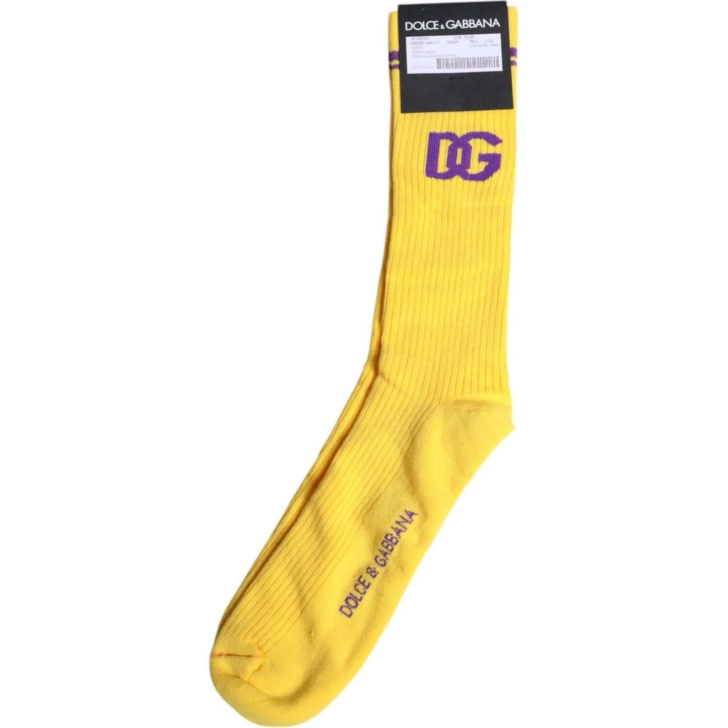 Dolce & Gabbana yellow cotton mid calf socks with DG logo, made in Italy, for men. 70% cotton, nylon, elastane blend.