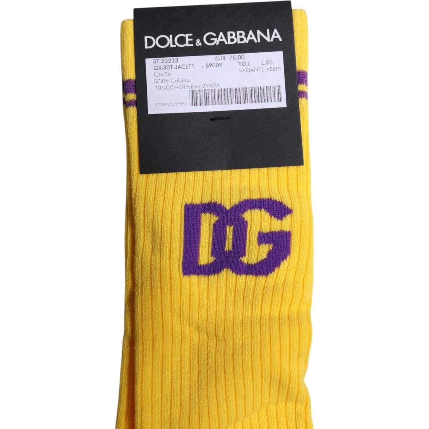 Dolce & Gabbana yellow mid calf socks with purple DG logo, made in Italy, men's cotton blend.