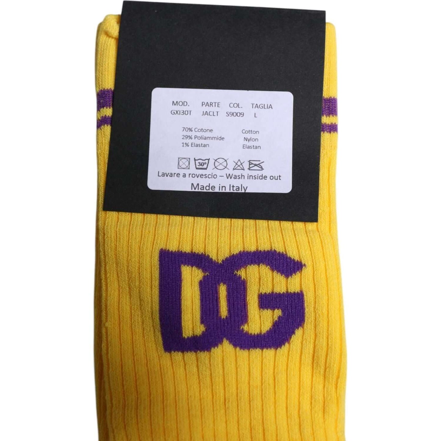 Dolce & Gabbana yellow mid calf socks with purple DG logo, made from cotton, nylon, and elastane. Made in Italy.