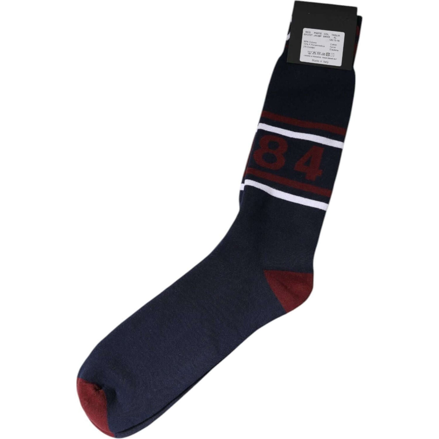 Dolce & Gabbana blue cotton logo mid calf men's socks with red and white stripes, featuring ribbed cuffs and logo detailing.